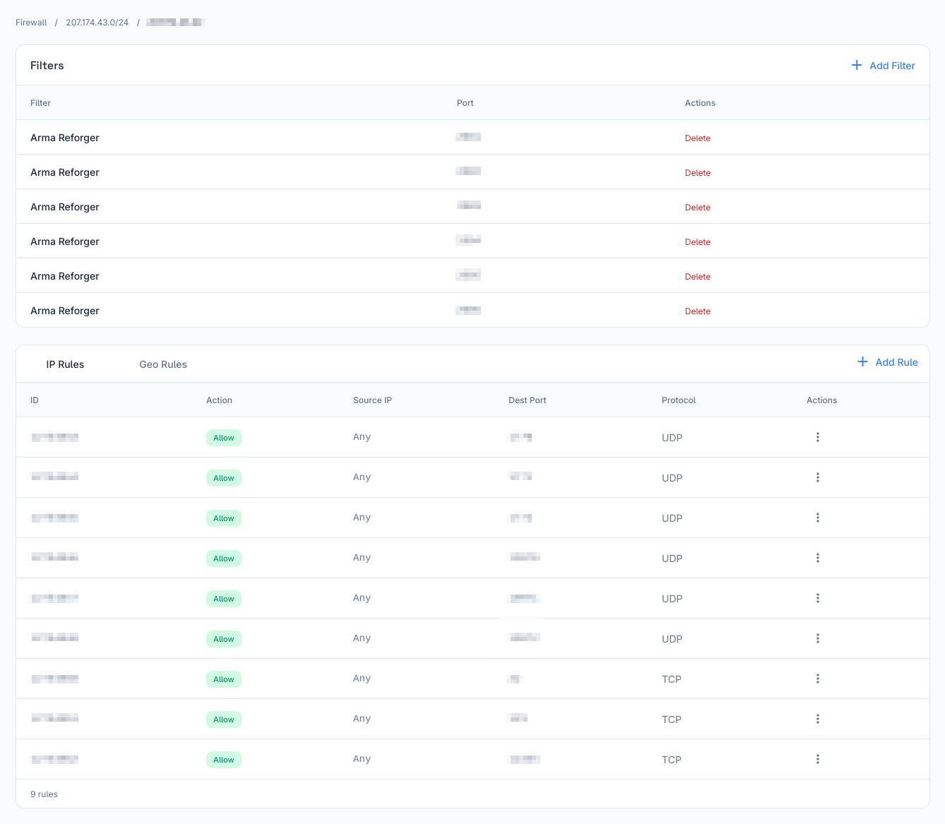 Firewall manager interface with protocol and geo-based rules