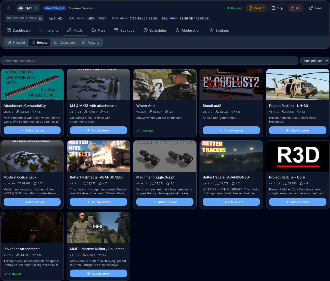 Terabit game panel browsing the Arma Reforger workshop, with one-click add-to-server on each mod
